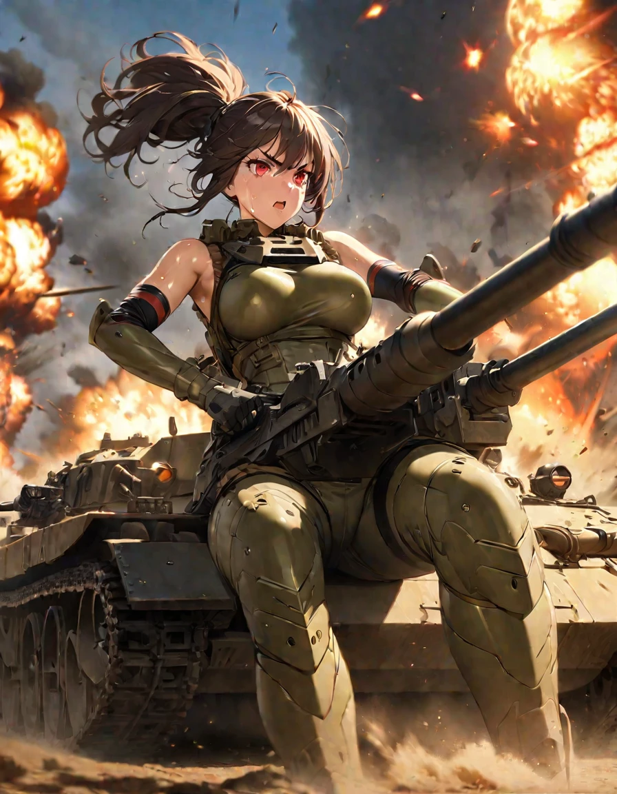 Young beautiful woman,(Highest quality,Extremely detailed depiction,Incredibly absurd high resolution,Anatomically accurate depiction),(Glowing Skin,Shiny skin),(Personification of a tank:1.5,Tank Girl,Panther Tank,Main gun),(Perfect body,Battle suit with armor plates),(eyelash,Red eyes,Large Breasts,Sweat),background:battlefield,explosion,Anime Art