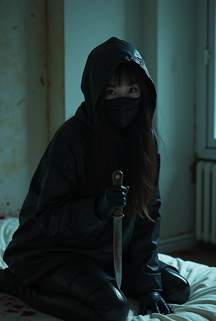 korean girl, (behind corpse, balaclava), holding knife, stabbing, black gloves, room full of blood, black raincoat, 20 years old girl, big tits, glamorous, holding knife, black gloves, behind corpse, looking at viewer, blood splatter, bondage, bed room, black wet suit, night, mass murderer, killer, robbery, dark atmosphere, cinematic lighting, atmospheric realistic, light from the window close-up,
