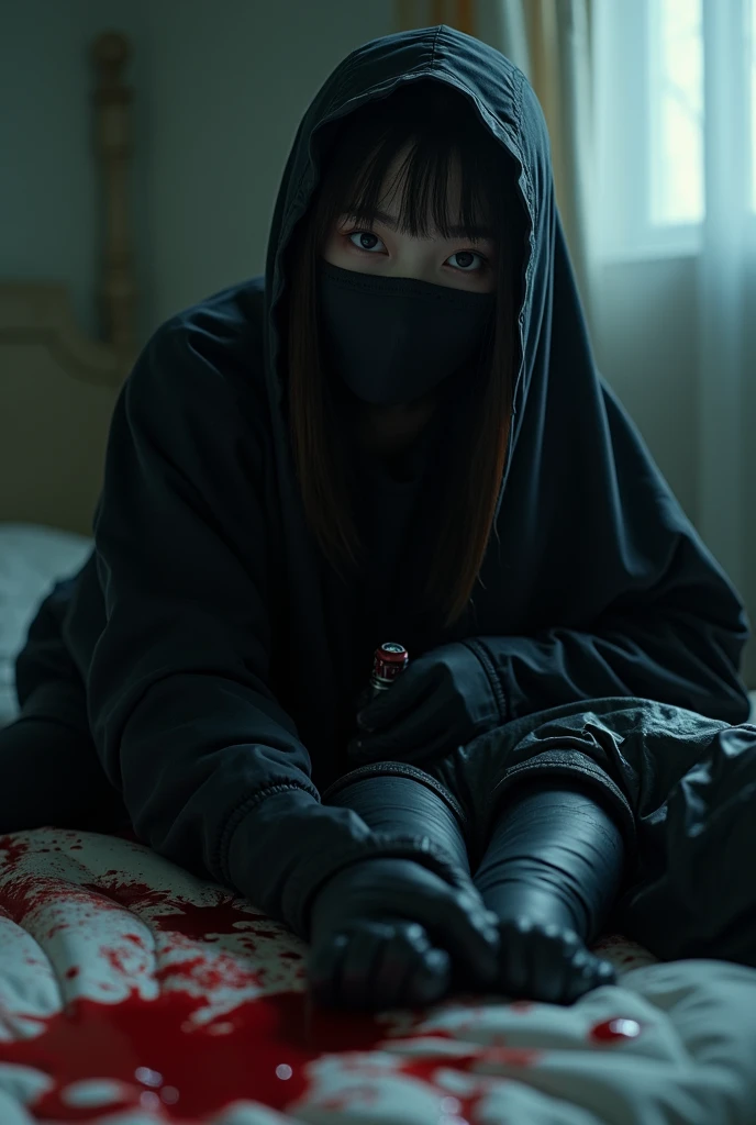 korean girl, (behind corpse, balaclava), holding knife, stabbing, black gloves, room full of blood, black raincoat, 20 years old girl, big tits, glamorous, holding knife, black gloves, behind corpse, looking at viewer, blood splatter, bondage, bed room, black wet suit, night, mass murderer, killer, robbery, dark atmosphere, cinematic lighting, atmospheric realistic, light from the window close-up,
