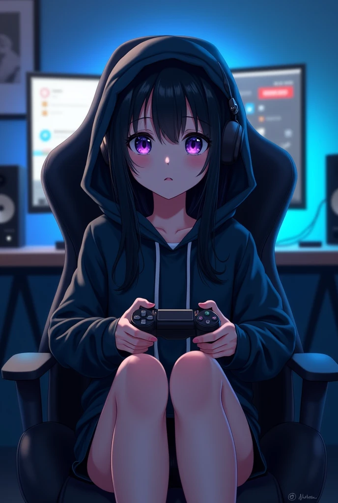 Anime Style. A girl in her twenties with black hair, purple eyes, black hood covering her head and headphones on her. The girl is barefoot. The girl's feet are on the gamer chair. In her right hand is a PlayStation controller. The background is a darkened gamer room, with low intensity light blue LED lights. The girl is sitting on a gamer chair. Behind her is a computer and a couple of video game consoles.