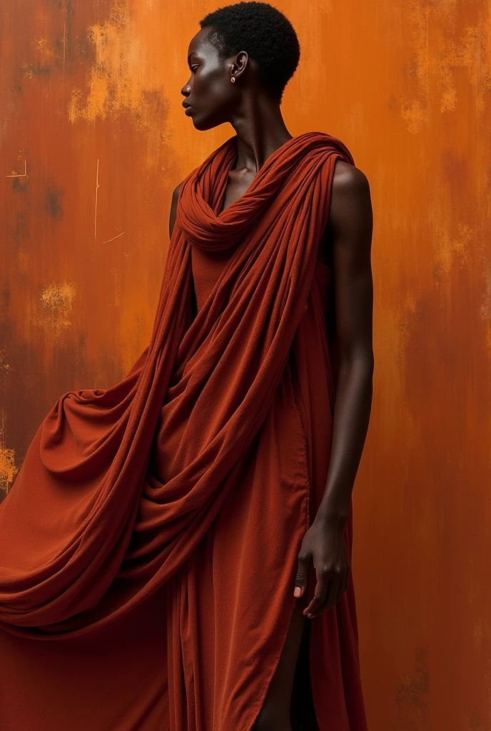 A captivating image of a black Nubian woman in cultural attire, exuding sensuality as she leans seductively against a marble wall. Dressed in garments that speak of her rich heritage, she poses confidently in the dimly lit scene. The mood is set with a diagonal orange light, casting long shadows and highlighting only the areas where the light touches her. The contrast between the darkness and the orange light creates a stunning black and orange color grading. This cinematic scene, reminiscent of the artgerm style, is rendered in ultra high definition with a resolution of 32k, using the Unreal Engine for hyper-realistic image production.