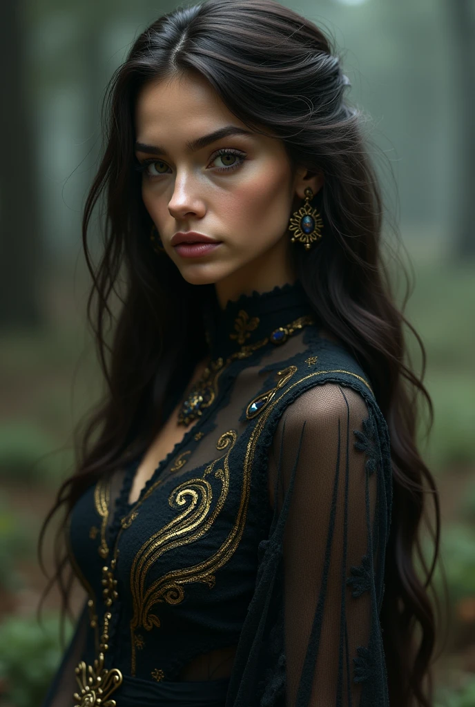 A tall slim girl with long wavy hair dark brown eyes dark brown skin diamond face shape feline eyes sharp feathers roman nose