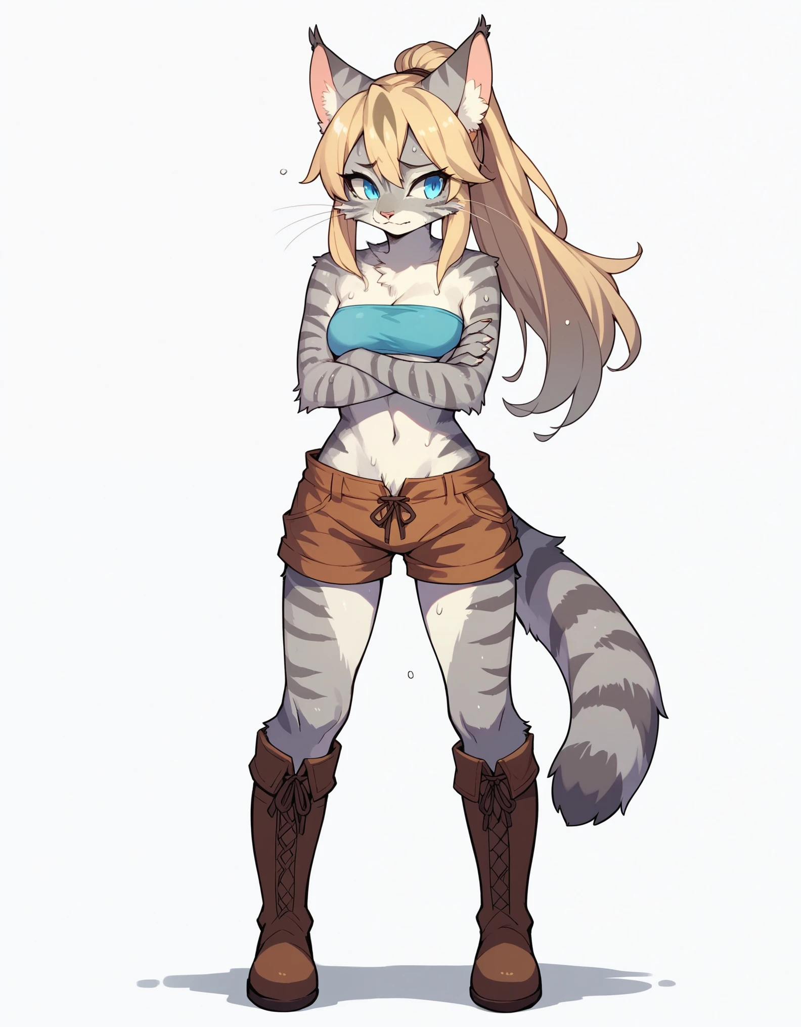 score_9,score_8_up,score_7_up, score_6_up, score_5_up, source_anime, kemono style, Kat, female Anthro furry feline, silver fur, grey stripes on body, blue eyes, long blonde hair, hair in a ponytail, pink nose, :3, she is wearing blue bandeau, brown short shorts, brown boots, arms crossed, nervous expression, eyes wide open, sweating, head facing away, head turned away, looking to her right, standing, (full body shot):1.3, front view, white background