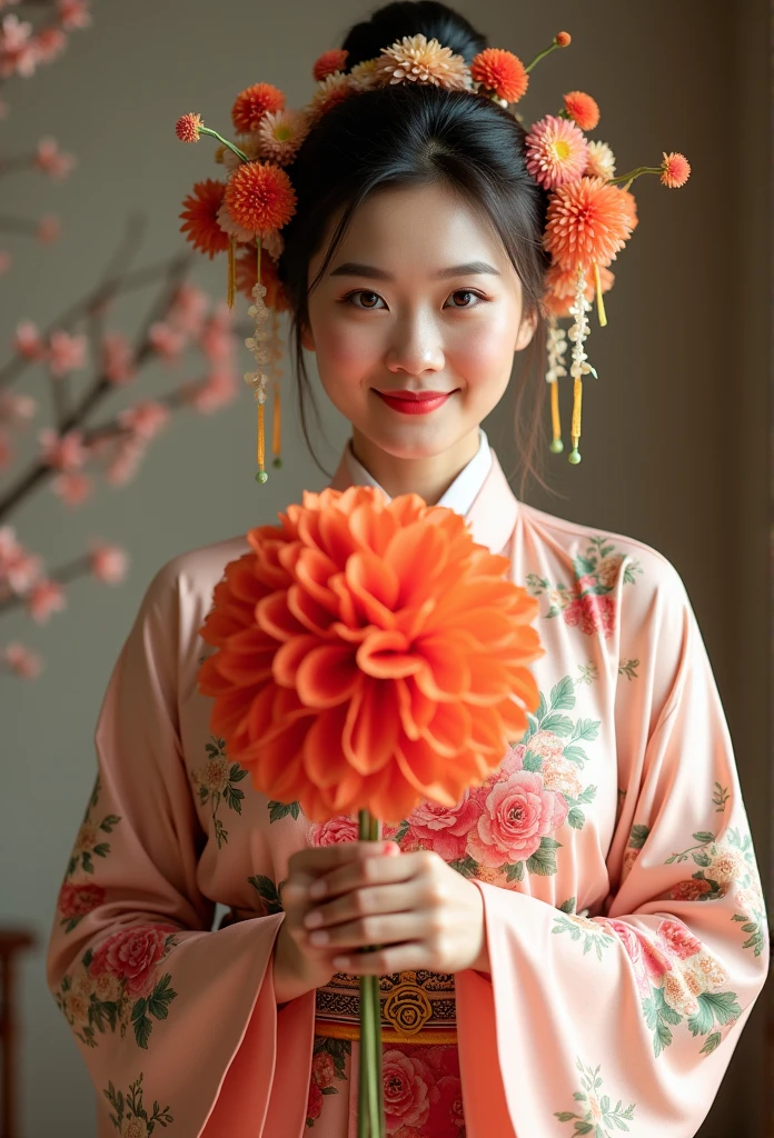 A woman in traditional dress holds a flower ball,Show off your flower ball skills。