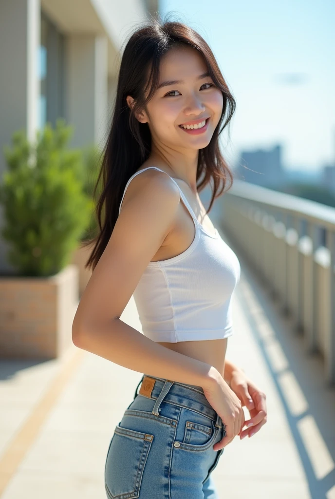 Ultra-high resolution,photograph,Highest quality,photographのようなHighest quality,Japanese,Beauty,woman,beautiful girl,Freshman,Age 25,Beautiful Face,Cute Face,Smile,Beautiful Hair,Straight Hair,,Fair skin,Beautiful legs,Beautiful thighs,full body,White sleeveless,Skinny jeans,Beautiful arms,Open Terrace