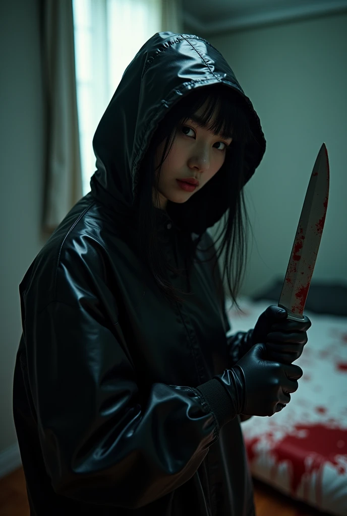 korean girl, (behind corpse, holding knife), stabbing, black gloves, room full of blood, black raincoat, 20 years old girl, big tits, glamorous, hood up, holding knife, black gloves, behind corpse, looking at viewer, blood splatter, bondage, bed room, black wet suit, night, mass murderer, killer, robbery, dark atmosphere, cinematic lighting, atmospheric realistic, light from the window close-up,