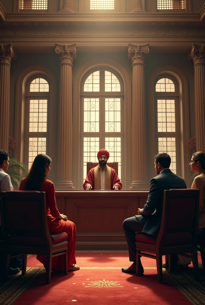 Indian men sitting on chair in library and watching girl in flirt manner who is sitting behind him