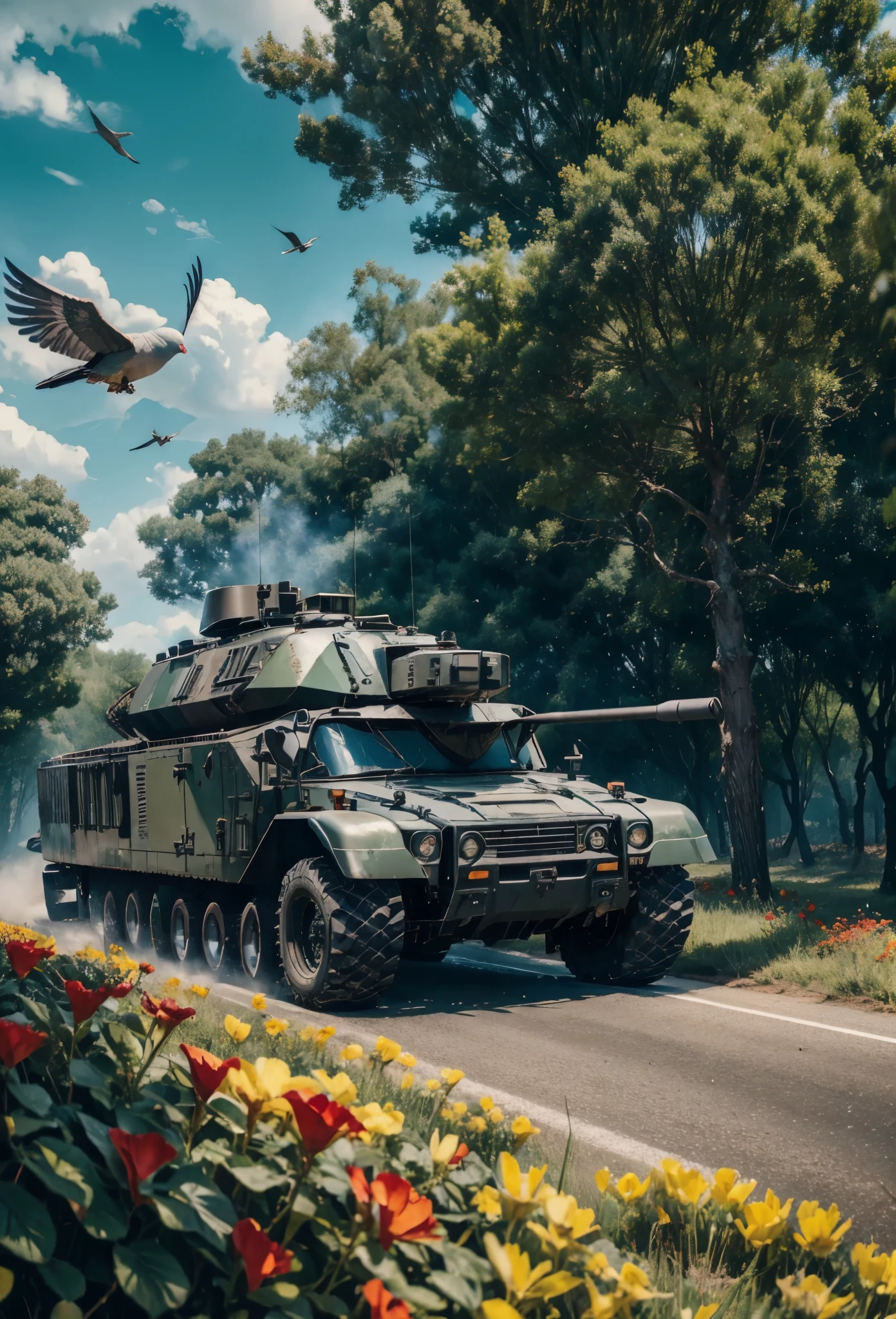 Black armored vehicle advancing while trampling over enlarged red and yellow flowers, clear blue sky, dark clouds, green trees, white doves, cinematic lighting, masterpiece, top quality,