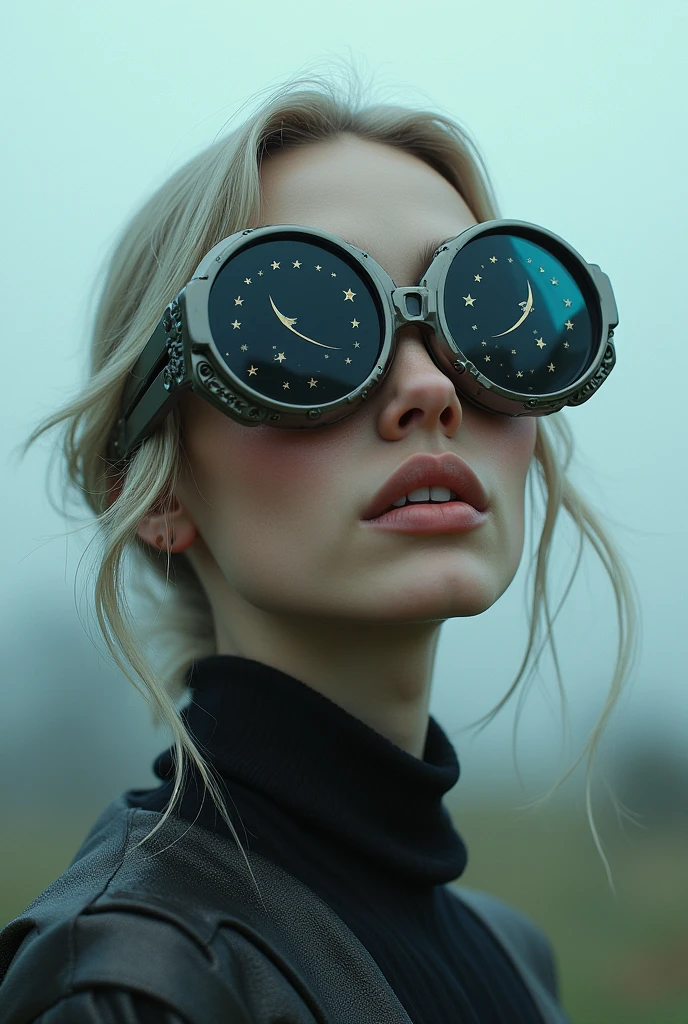The model is wearing glass sunglasses with stars and the moon on the glass