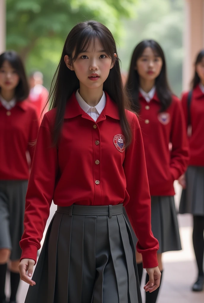 Students wear red uniform and gray skirt