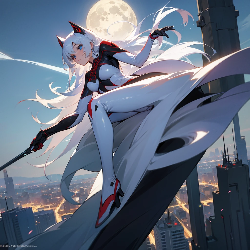 (​masterpiece, 4K resolution, ultra realist, muito detalhado), (White costume superhero theme, charismatic, Girl on the roof of the city, wearing a white Spider-Man costume, Superheroine), [((23yearsold), (long white hair:1.2), Full body, (blue eyes:1.2), (Dynamic Poses of Spider-Man) ((gloomy urban environment):0.8)| (urban landscape, Night time, dynamic lights), (full moon))]