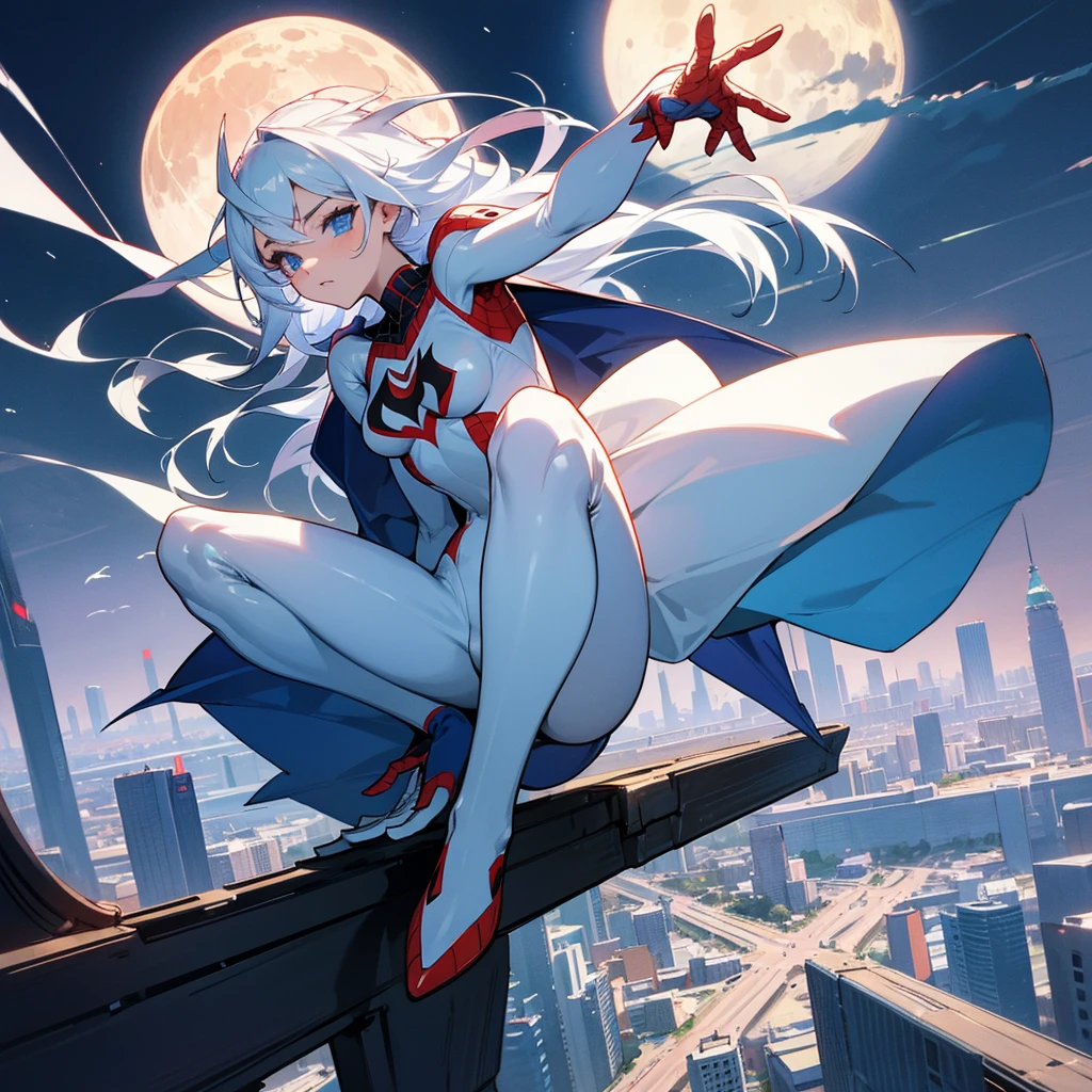 (​masterpiece, 4K resolution, ultra realist, muito detalhado), (White costume superhero theme, charismatic, Girl on the roof of the city, wearing a white Spider-Man costume, Superheroine), [((23yearsold), (long white hair:1.2), Full body, (blue eyes:1.2), (Dynamic Poses of Spider-Man) ((gloomy urban environment):0.8)| (urban landscape, Night time, dynamic lights), (full moon))]