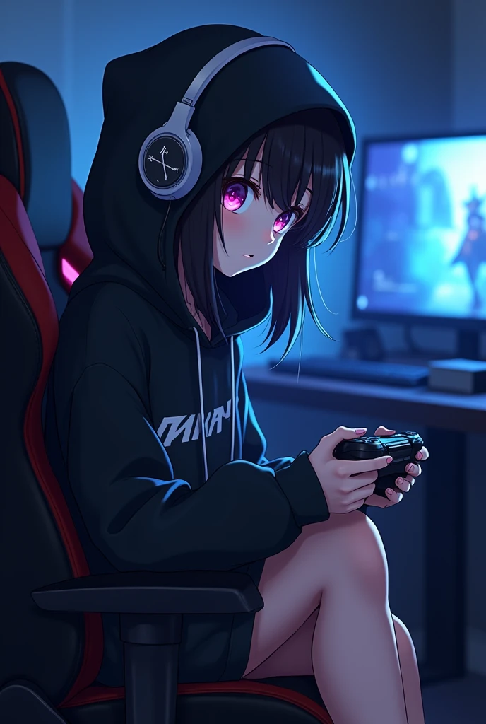 Anime Style. A girl tall in her twenties with black hair, purple eyes, black hood covering her head and headphones on her. The girl is barefoot. The girl's feet are on the gamer chair. In her right hand is a PlayStation controller. The background is a darkened gamer room, with low intensity light blue LED lights. The girl is sitting on a gamer chair. Behind her is a computer and a couple of video game consoles.