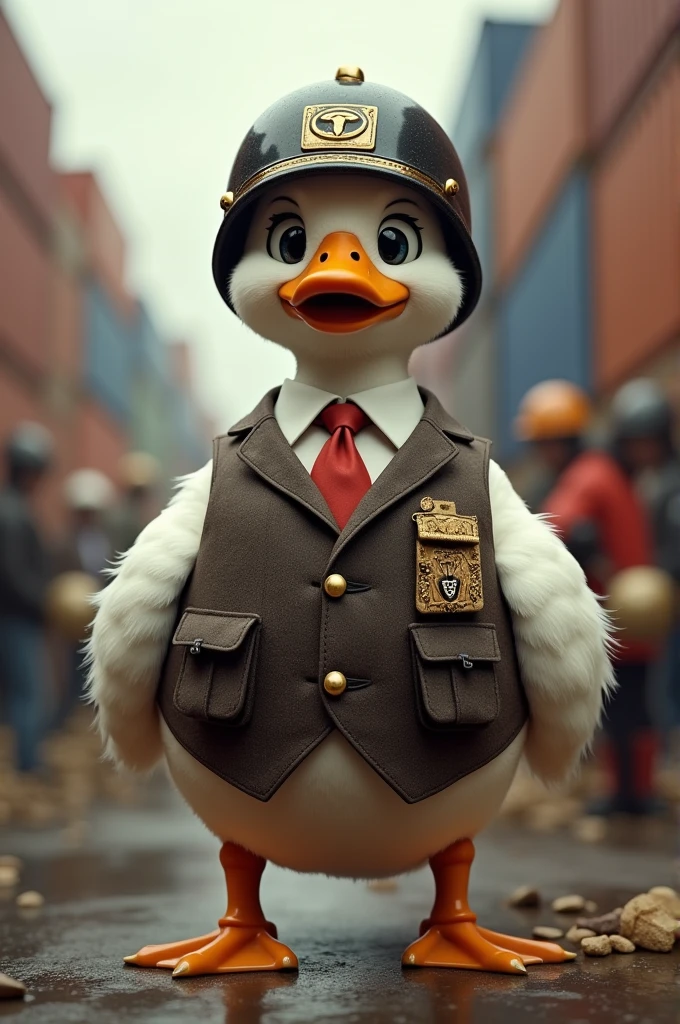 A duck wearing a vest and helmet of a merchandise exporter