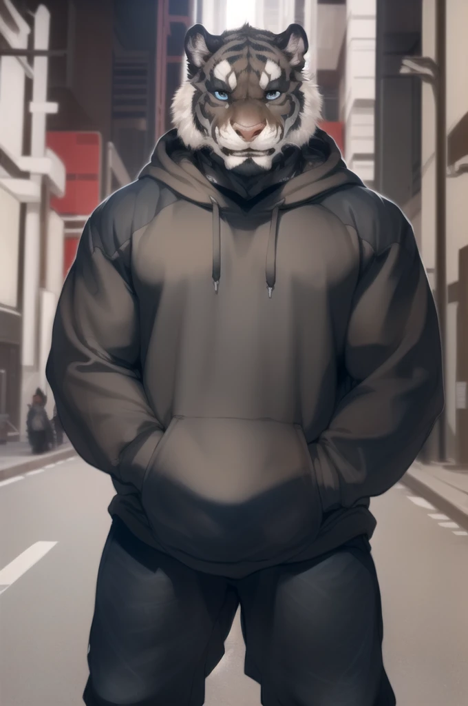 (by Darkgem, by Oouna, by honovy, By TheBigSlick, By null-ghost), male, Lars, larsafterclass tiger, solo, front view, clothed, clothing, safe, ahihabara, tokyo street, hoodie, streetwear, grey fur