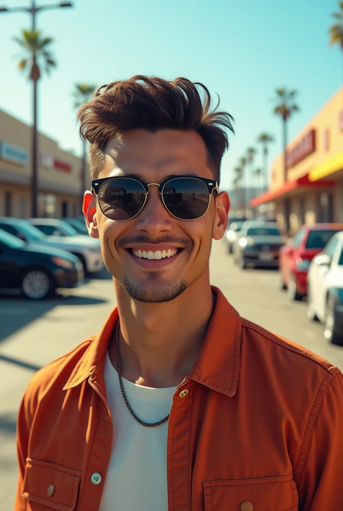 A young Latino men , attractive in a parking lot , sunglasses smiling