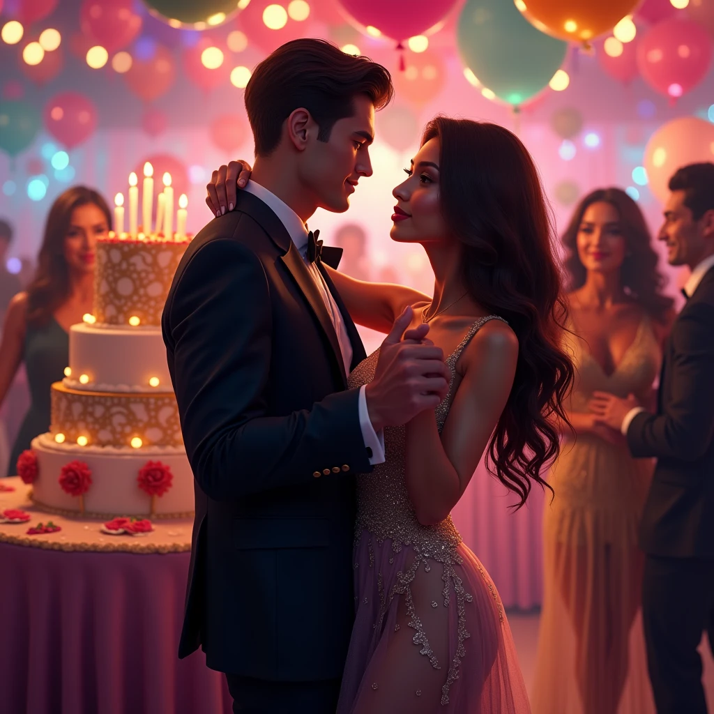 Handsome man and beautiful busty woman, woman birthday party, dancing,cake ,party wear, full body