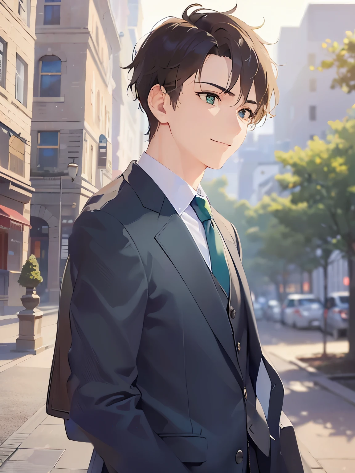 The background is a city of buildings