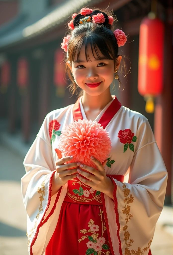 A woman in traditional dress holds a flower ball,Show off your flower ball skills。