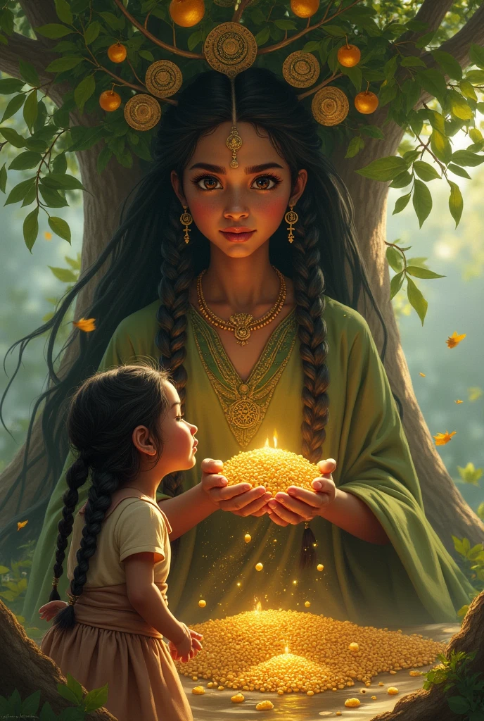 The wise and legendary mystical Pachamama, He gives golden seeds through a tree to a little 8-year-old girl with big eyes and long braided hair who excitedly receives the sacred seeds