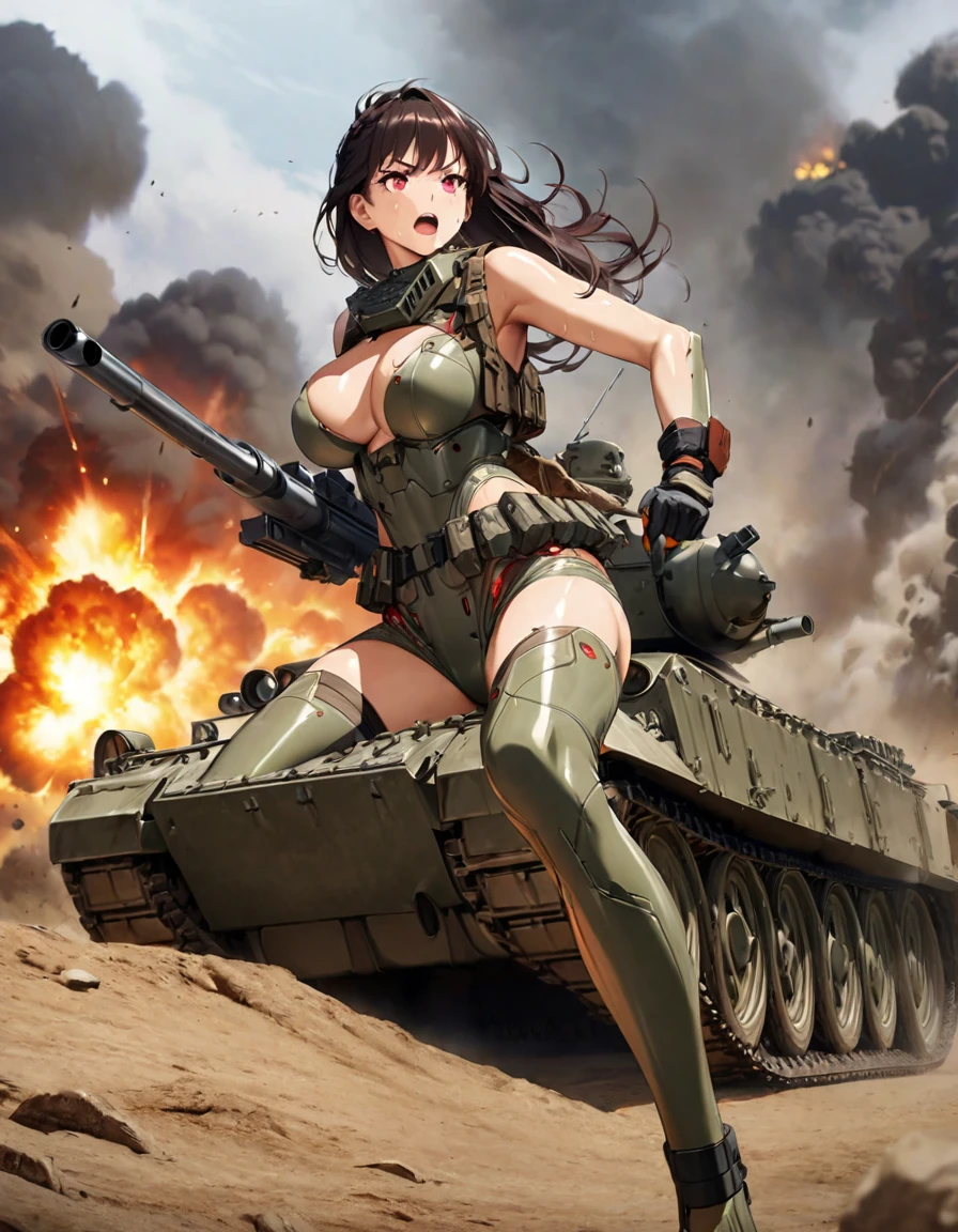 Young beautiful woman,(Highest quality,Extremely detailed depiction,Incredibly absurd high resolution,Anatomically accurate depiction),(Glowing Skin,Shiny skin),(Personification of a tank:1.5,Tank Girl,Panther Tank,Main gun),(Perfect body,Battle suit with armor plates),(eyelash,Red eyes,Large Breasts,Sweat),background:battlefield,explosion,Anime Art