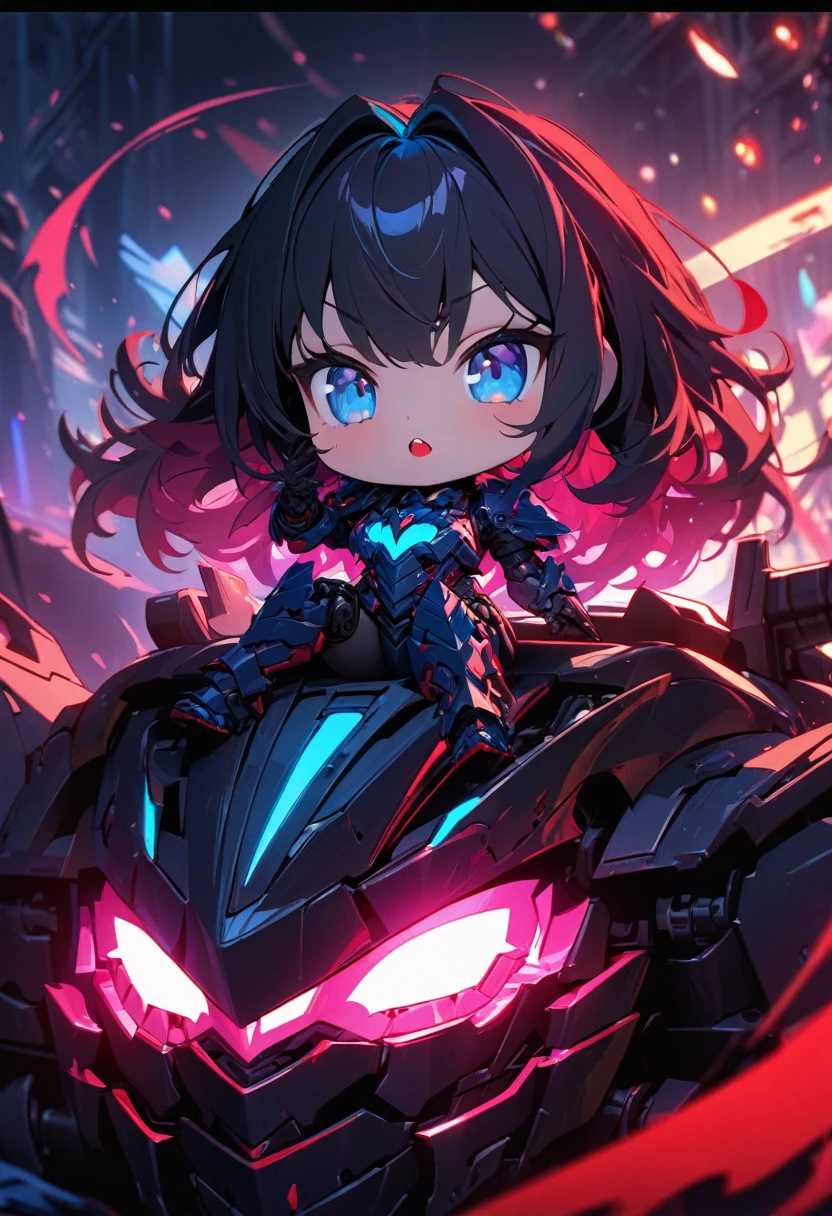 chibi style, 1 vampire girl, sitting on an armored tank, blended red and blue eyes, red lipsticks, intricate armored tank, armored treads, detailed mechanical parts, cinematic lighting, vivid colors, vibrant colors, dynamic composition, high quality, 8k, (best quality, masterpiece:1.3), DeepNegative_xl_v1