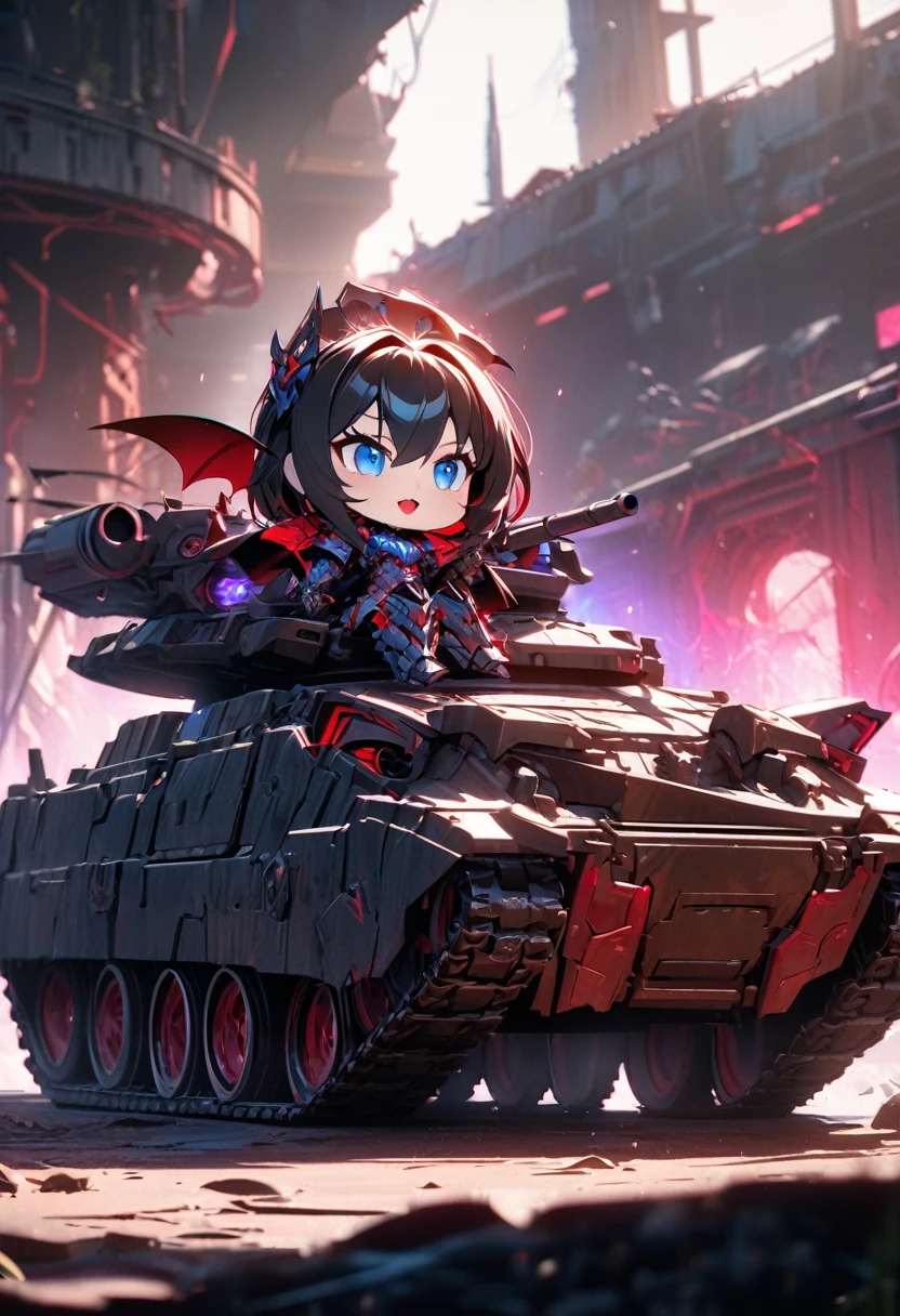 chibi style, 1 vampire girl, sitting on an armored tank, blended red and blue eyes, red lipsticks, intricate armored tank, armored treads, detailed mechanical parts, cinematic lighting, vivid colors, vibrant colors, dynamic composition, high quality, 8k, (best quality, masterpiece:1.3), DeepNegative_xl_v1
