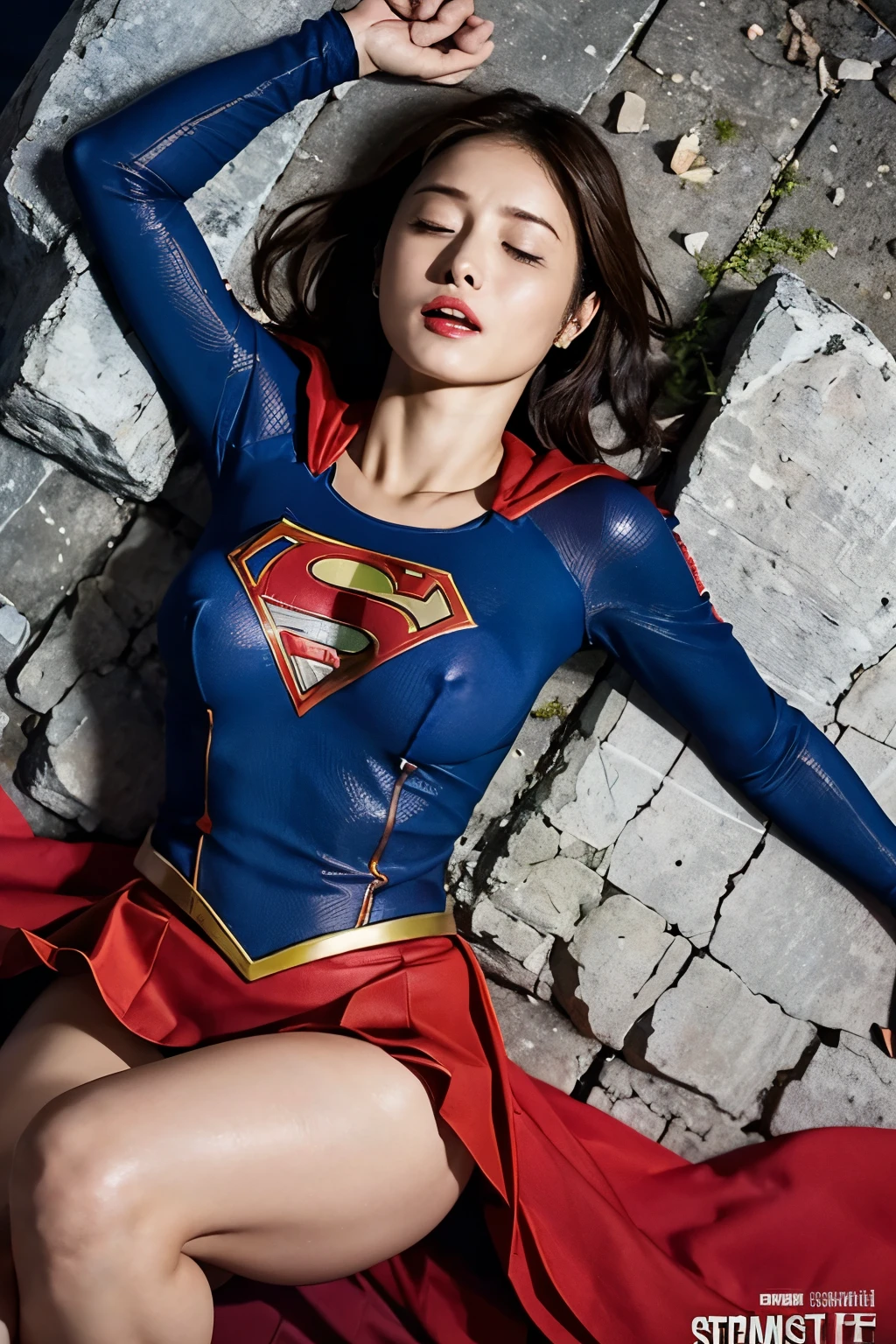 Supergirl, Defeated by a formidable opponent, Anguished expression, Lying face up, Finished off, Clothes are torn and nipples are visible, Her red skirt is torn and her underwear is visible, Eyes closed, Beautiful feet, Thighs, dark, On top of the crater, Skyscrapers at night