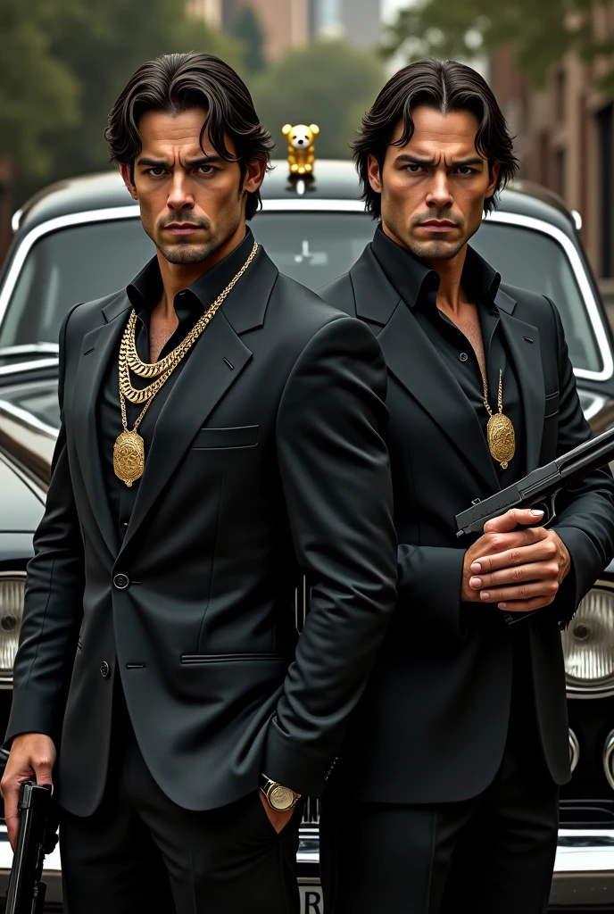 Make a realistic photo in which two muscular guys in black suit with golden chains and holding guns in hand with a background of rolls royce and hairstyle will be medium long and little bears and facing direction will be straight 