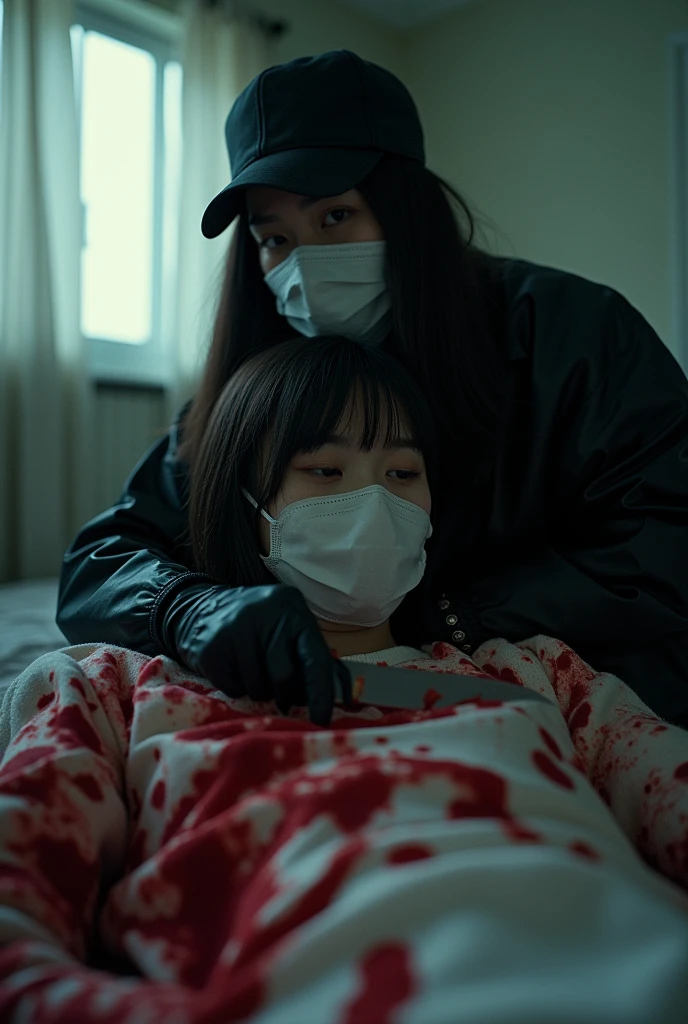 korean girl, (behind corpse, holding knife), surgical mask, black gloves, room full of blood, black raincoat, trucker hat, holding knife, black gloves, woman on top, behind corpse, blood splatter, on the bed, mass murderer, killer, long bangs, blood splatter, dark atmosphere, cinematic lighting, atmospheric realistic, light from the window, close-up,