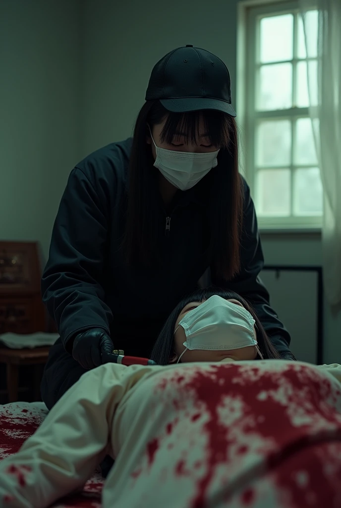 korean girl, (behind corpse, holding knife), surgical mask, black gloves, room full of blood, black raincoat, trucker hat, holding knife, black gloves, woman on top, behind corpse, blood splatter, on the bed, mass murderer, killer, long bangs, blood splatter, dark atmosphere, cinematic lighting, atmospheric realistic, light from the window, close-up,