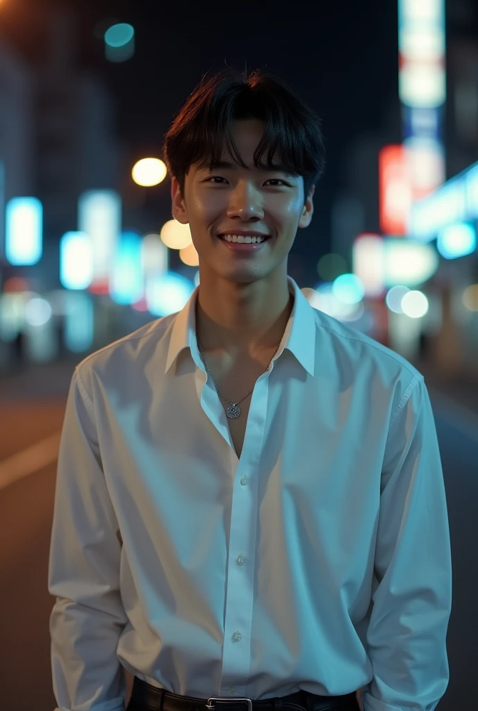 sex, masculine, Age 32 years, (Model, Byeon Woo-seok, South Korean celebrities), (bestquality:1.2, 8k resolution, highres:1.2), (asian, korea, handsome:1.4), White shirt, Short black hair, Good looking, Fair-skinned, Formal dress code, (On the road at night:1.4), nighttime, bar, dim lighting, deserted, HD 8k images, master-piece:1.2, A confident smile, Shapely,
