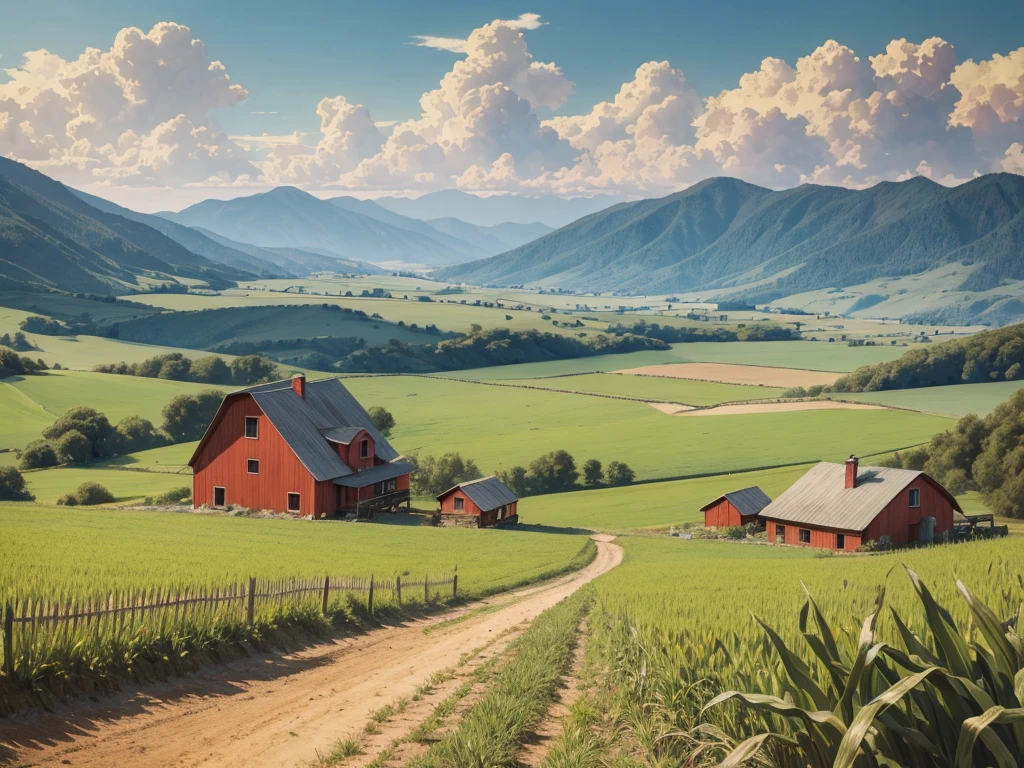 masterpiece of illustration drawing, a dirt path leads from a field of tall corn to a red-roofed farmhouse in the mountains, fresh cloudy sky.