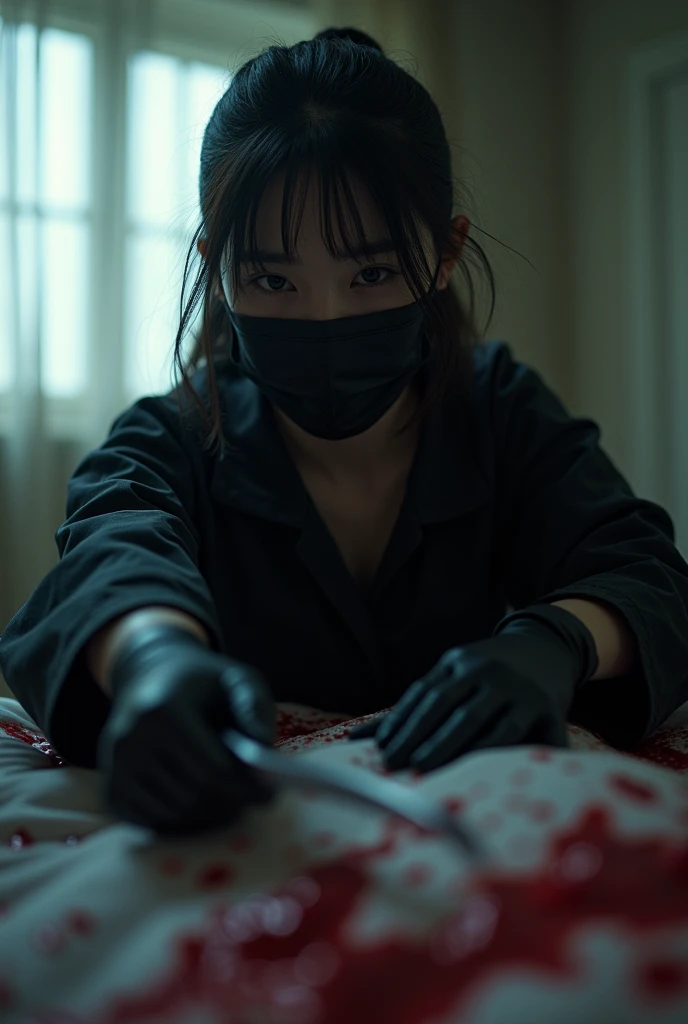 korean girl, (behind corpse, holding knife), black surgical mask, black gloves, room full of blood, black raincoat, trucker hat, holding knife, black gloves, woman on top, behind corpse, blood splatter, on the bed, mass murderer, killer, low ponytail, blood splatter, dark atmosphere, cinematic lighting, atmospheric realistic, light from the window, close-up,
