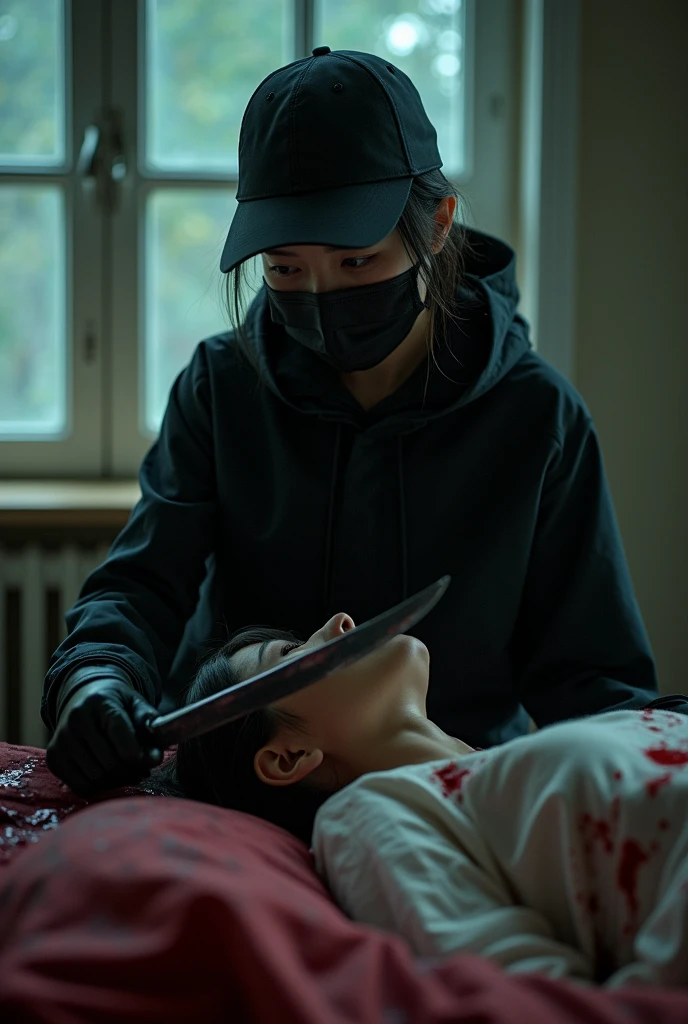 korean girl, (behind corpse, holding knife), black surgical mask, black gloves, room full of blood, black raincoat, trucker hat, holding knife, black gloves, woman on top, behind corpse, blood splatter, on the bed, mass murderer, killer, low ponytail, blood splatter, dark atmosphere, cinematic lighting, atmospheric realistic, light from the window, close-up,
