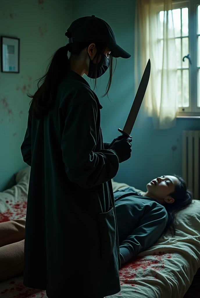 korean girl, (behind corpse, holding knife), black surgical mask, black gloves, room full of blood, black raincoat, trucker hat, holding knife, black gloves, woman on top, behind corpse, blood splatter, on the bed, mass murderer, killer, low ponytail, blood splatter, dark atmosphere, cinematic lighting, atmospheric realistic, light from the window, close-up,