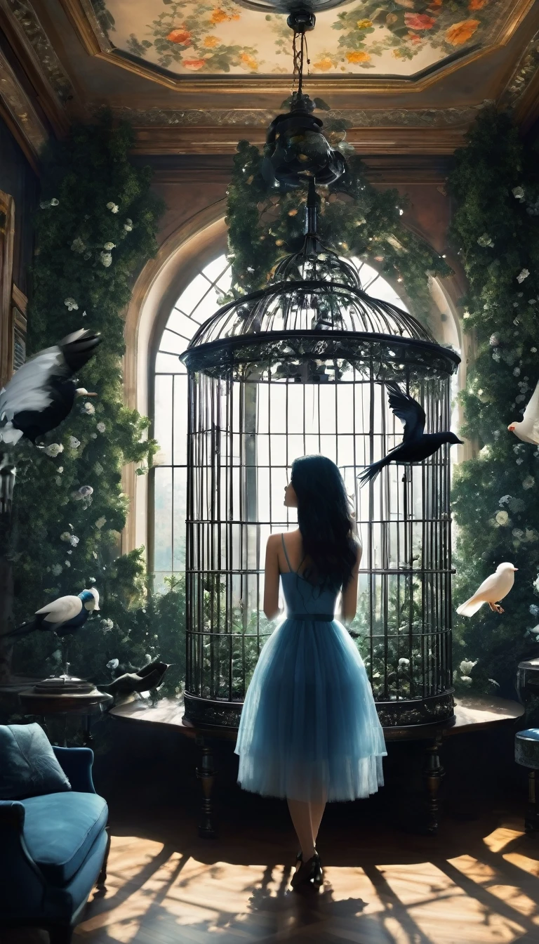 Image of forests of clocks interspersed with forests of thorns, dark, gloomy, mysterious but full of magic, shimmeringly beautiful, in the distance there is a giant birdcage surrounded by climbing black roses, a blue hair beautiful girl sitting on the sofa inside the bird cage, cinematic color, 16K, UHD