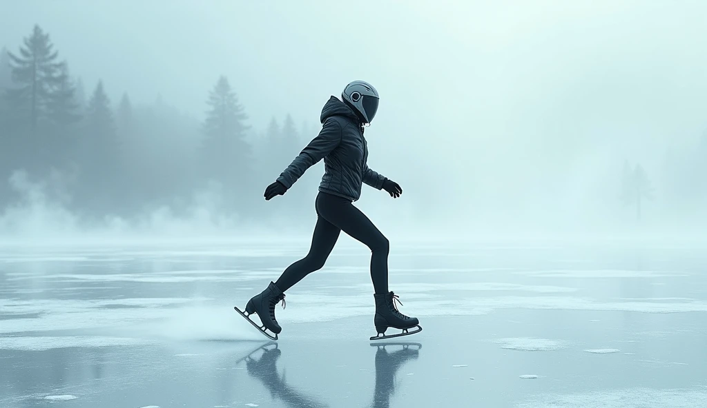 Female ice skater,Wearing a black leather jacket,A futuristic helmet,Glide along the ground,individual,Hyperrealism,Wallpaper quality,Photography style