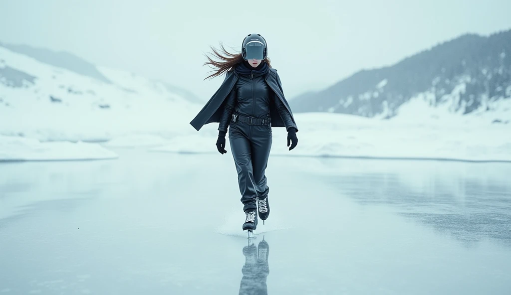 Female ice skater，Wearing a black leather jacket，A futuristic helmet，Glide along the ground，individual，Hyperrealism，Wallpaper quality，Photography style