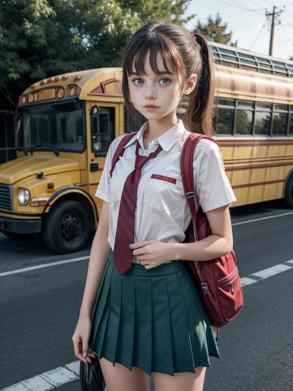 A teenage girl wearing a school uniform with a red tie and a backpack, standing in front of a school bus, in the style of Back-to-School, Red, Green, Yellow, Blue (((((real life image))))) (((petite))) (((slim)))