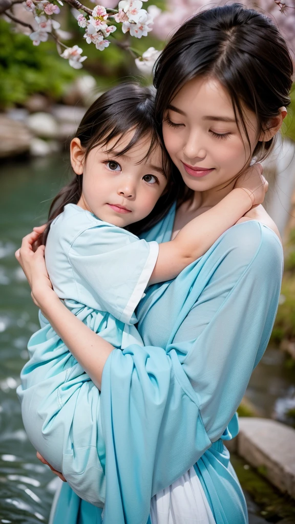 a mother and her child sharing a warm, tender hug in the middle of a peaceful, light blue chromatic landscape. The background features a calm, flowing river with soft, grassy banks and gentle hills in the distance. A few cherry blossom trees with delicate, pastel-blue petals gently sway in the breeze, adding a touch of vividness to the scene. The sky is a gradient of light blue, with soft clouds floating lazily above, casting a serene glow over the entire setting. The mother and child, dressed in simple, flowing clothes that blend with the natural tones of the environment, are at the center of the image, their embrace radiating warmth and love. The overall atmosphere is one of deep connection, tranquility, and the pure, unbreakable bond between parent and child.
