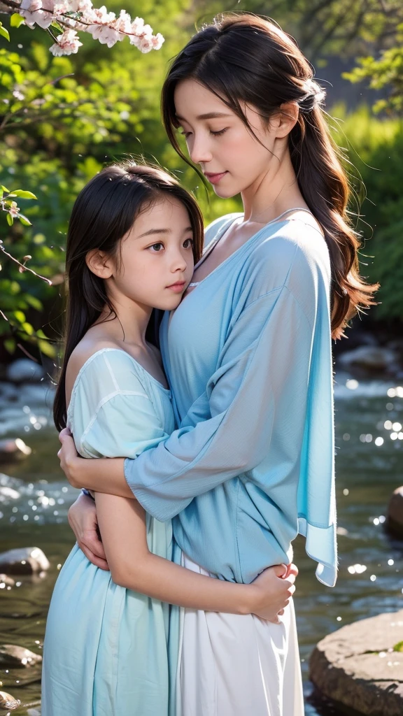 a mother and her child sharing a warm, tender hug in the middle of a peaceful, light blue chromatic landscape. The background features a calm, flowing river with soft, grassy banks and gentle hills in the distance. A few cherry blossom trees with delicate, pastel-blue petals gently sway in the breeze, adding a touch of vividness to the scene. The sky is a gradient of light blue, with soft clouds floating lazily above, casting a serene glow over the entire setting. The mother and child, dressed in simple, flowing clothes that blend with the natural tones of the environment, are at the center of the image, their embrace radiating warmth and love. The overall atmosphere is one of deep connection, tranquility, and the pure, unbreakable bond between parent and child.
