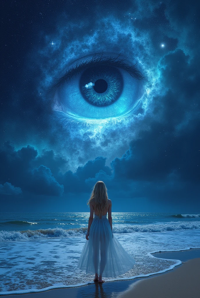 art par Phil Koch, Meghan Howland blue moon Digital ral-epochelves, The night sky comes alive with an eye that seems to hypnotize you, surrounded by a web of stars, nebulae and cosmic dust. From a bird's-eye view, you catch a glimpse of a beautiful, seductive blonde, standing gazing up at the sky dressed in a translucent skirt, adorned with iridescent blues. Beneath this cosmic display, depict a tranquil beach with the surface of the ocean is sparkling, lush and symmetrically reflects the sparkling nebulae and luminous astral bodies dot.