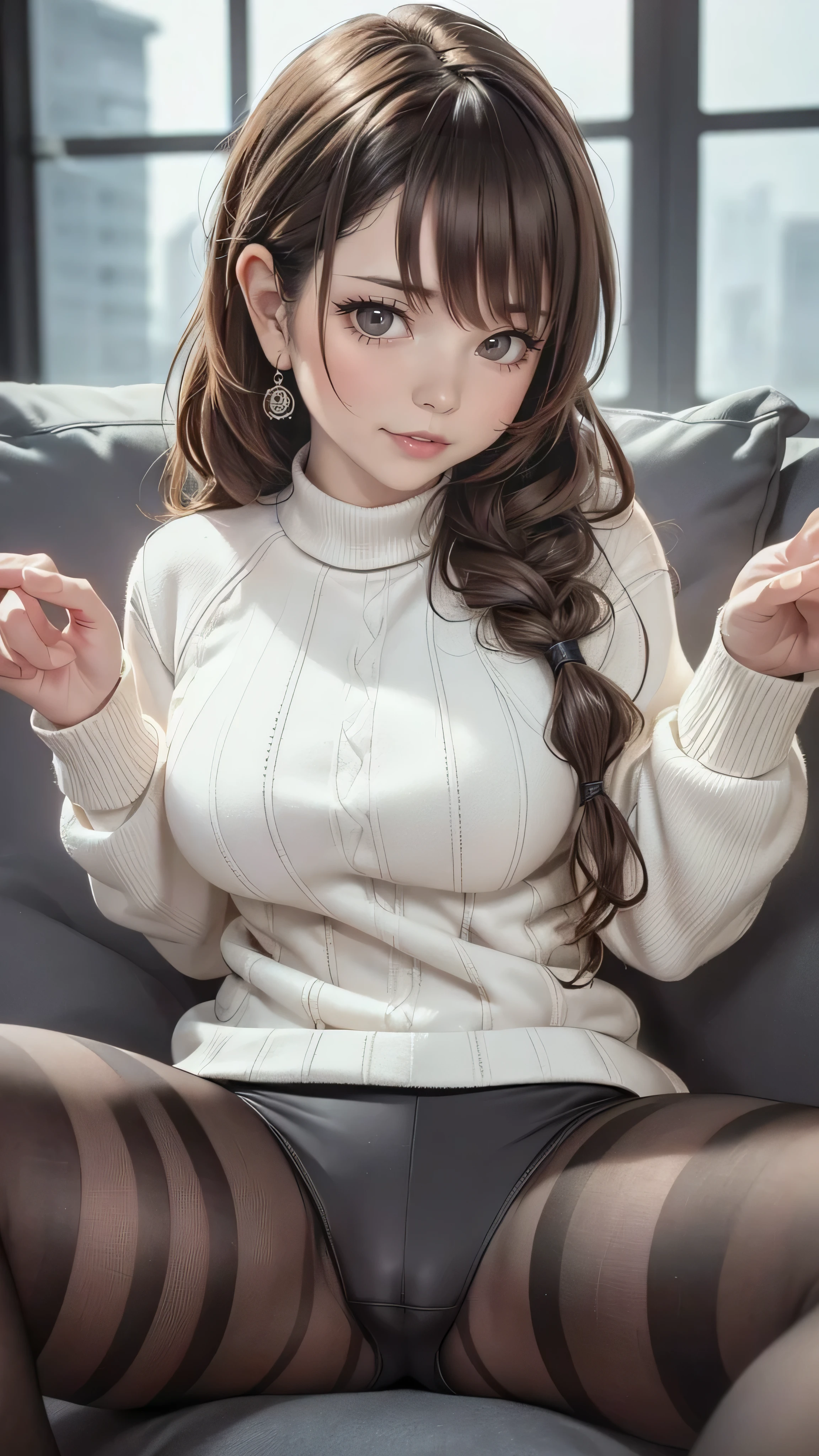 (random pose),(random hairstyle),(Highest image quality,(8K), Ultra-realistic, Best Quality, High quality, High Definition, high quality texture, high detailing, Beautiful detailed, fine detailed, extremely details CG, Detailed texture, realistic representation of face, masterpiece, presence),virgin destroyer sweater,black pantyhose,spread legs