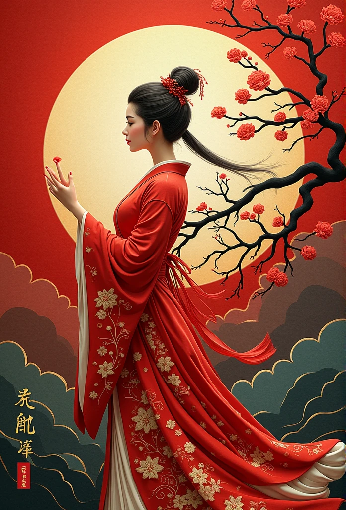 masterpiece, A Chiense woman in a hanfu, beautiful render of a fairytale, in the style of paper art, painting of beautiful, beautiful as the moon, very intricate masterpiece, painted metal, beautiful intricate masterpiece, multiple layers, Mysterious, Ancient China background, red