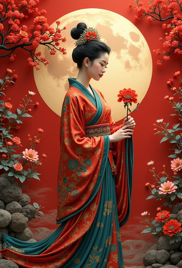 masterpiece, A Chiense woman in a hanfu, beautiful render of a fairytale, in the style of paper art, painting of beautiful, beautiful as the moon, very intricate masterpiece, painted metal, beautiful intricate masterpiece, multiple layers, Mysterious, Ancient China background, red
