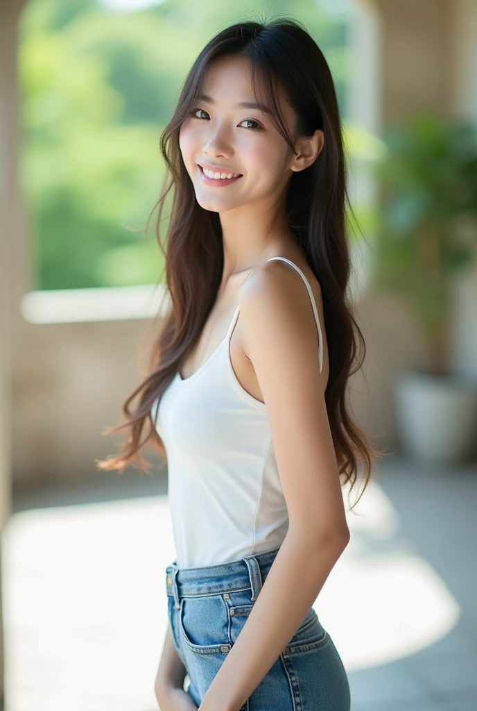 Ultra-high resolution,Natural light,photograph,Highest quality,photographのようなHighest quality,Japanese,Beauty,woman,beautiful girl,Freshman,22 years old,Beautiful Face,Cute Face,Smile,Beautiful Hair,Straight Hair,,Fair skin,Beautiful legs,Beautiful thighs,full body,White sleeveless,Skinny jeans,Beautiful arms,Open Terrace