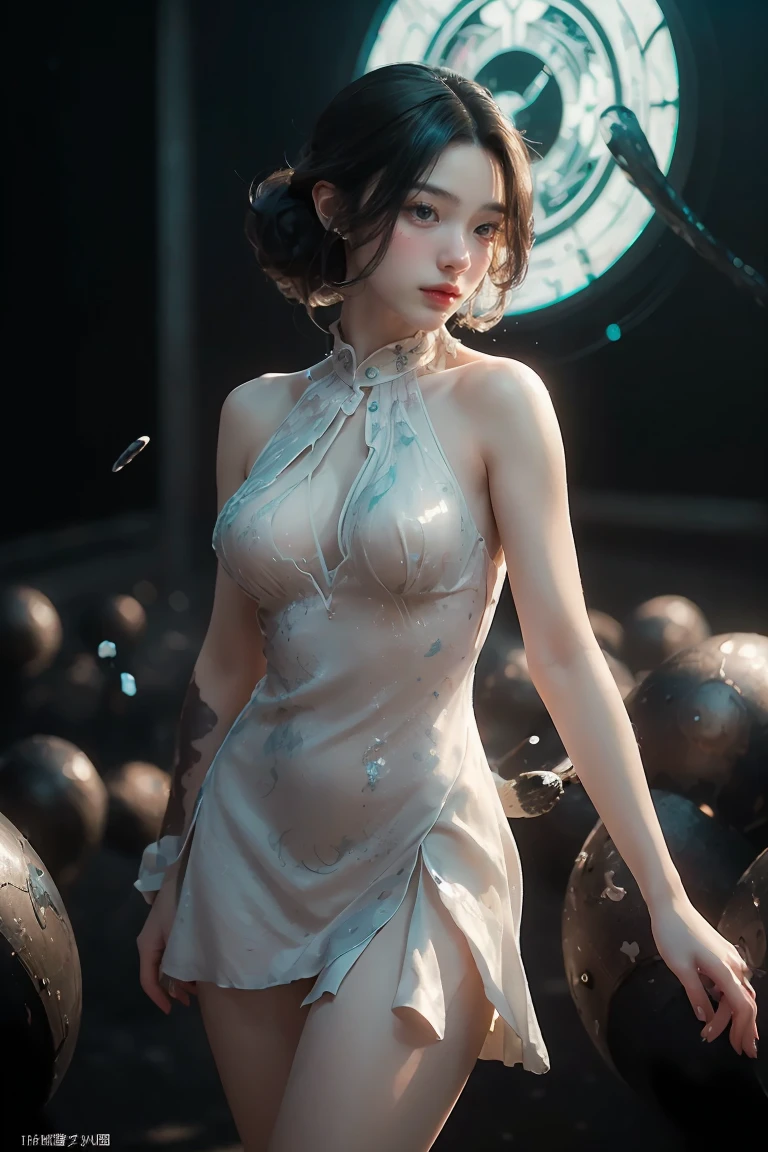 ((masterpiece, best quality)), ultra detailed 8k, photorealistic, sharp focus, highly detailed, professional lighting , shadowmancer, photo of a woman, ink particle, ((swirling black ink floating around)), futuristic fantasy, futuristic white dress, dynamic pose, realistic, masterpiece, intricate details, detailed background, depth of field,