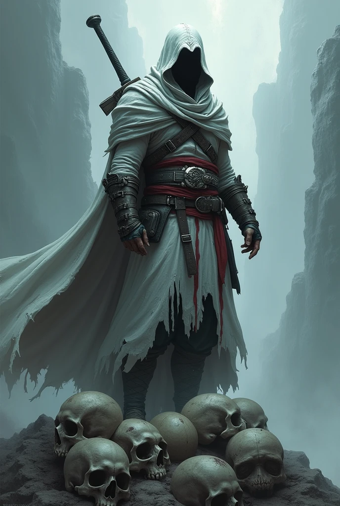 an assassin with a rough white hood covering the top half of his face, he has a huge weapon on his back while standing on top a mountain of skulls. the hood is only showing 1 arm, and that 1 arm
is gone and bleeding