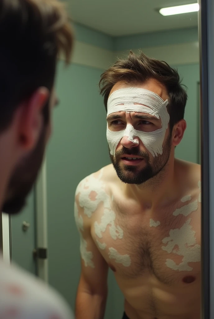 A man looking at his reflection in the bathroom mirror with his face almost entirely bandaged from burns, but the image focuses on the expression of frustration on the face
